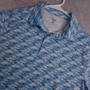1764 Polo Shirt Mens Small Birds Print AOP Jersey Performance Stretch Golf Blue